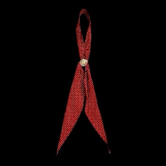 BOLO TIE & 1 1/4”, ROUND, SILVER/GOLD SCARF SLIDER. 48” SCARF IS DEEP RED COLOR - Picture 1 of 10